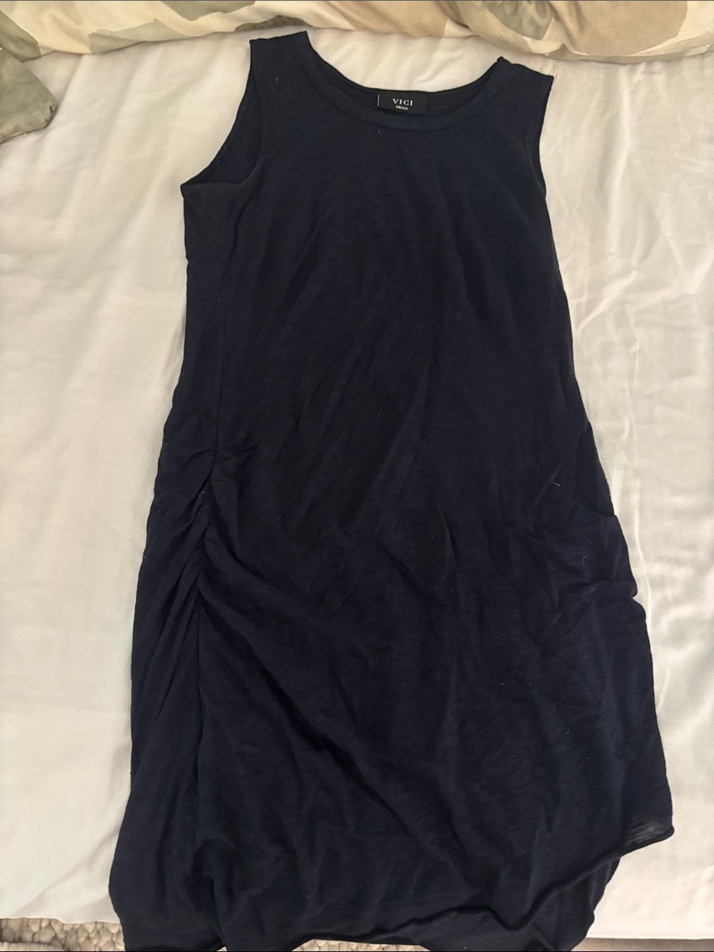 Vici Navy Sleeveless Ruched-Side Midi Dress